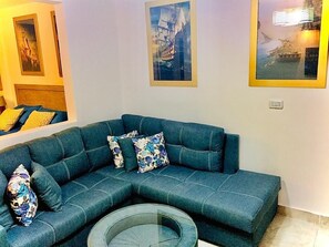 Enkeltrom – standard | Oppholdsområde | En 44-tommers LED-TV med Parabol-TV samt Netflix og strømmetjenester