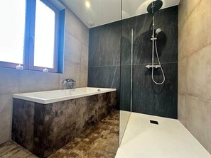 Hair dryer, towels, soap, shampoo