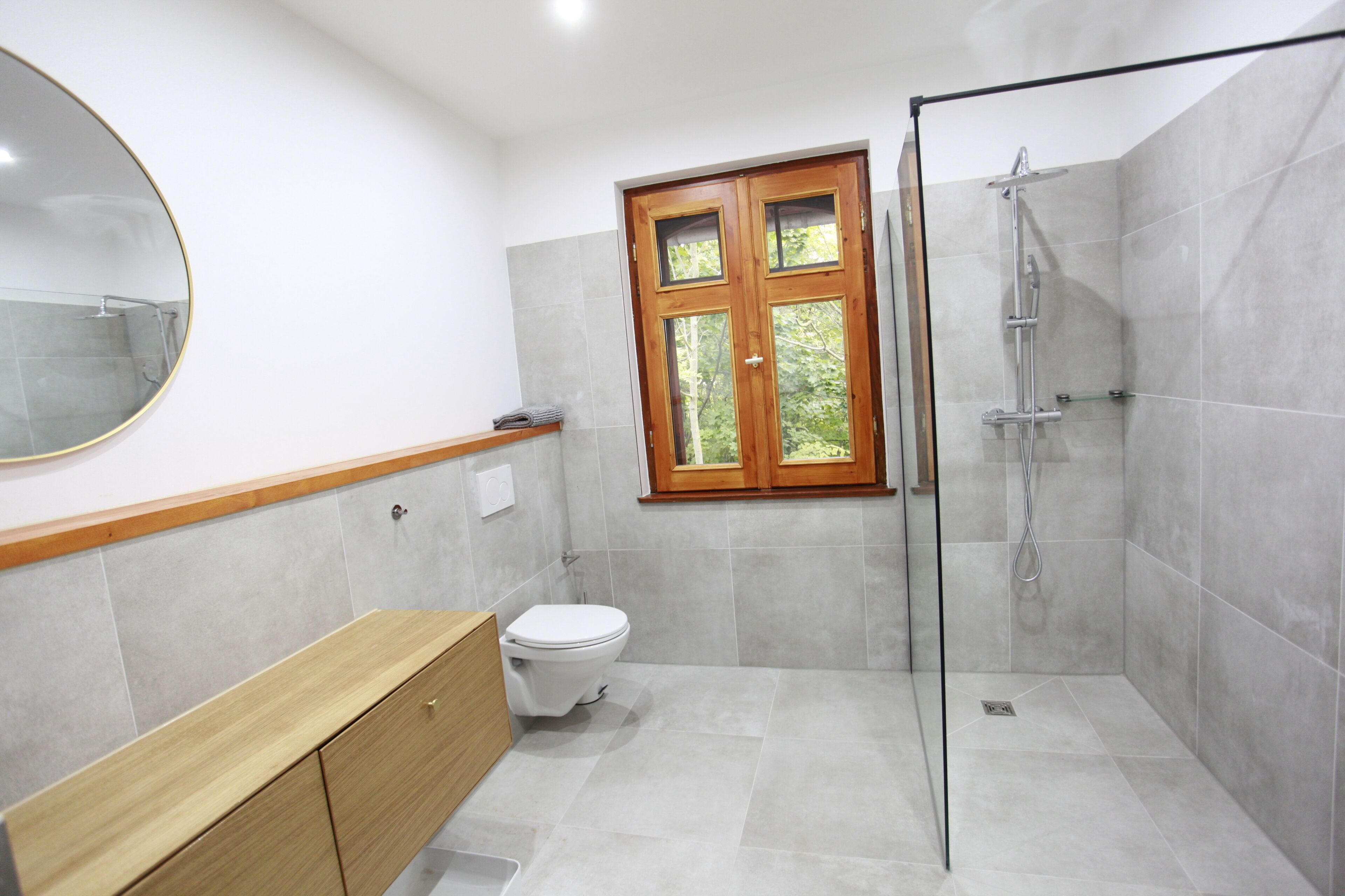 A bathroom with a toilet, a wooden vanity, a mirror, and a glass-enclosed shower area.