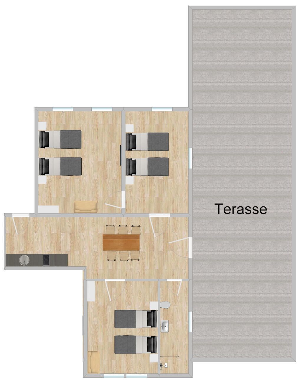 Un hôtel comprenant plusieurs chambres, un espace repas et une terrasse.