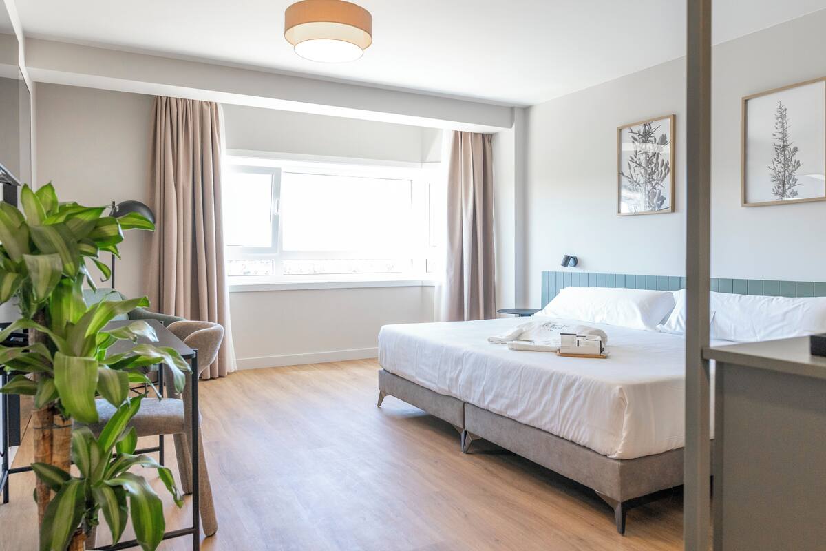 Ein Hotelzimmer mit Bett, Nachttisch, Lampe, Vorhängen, Fenster und einer Pflanze.