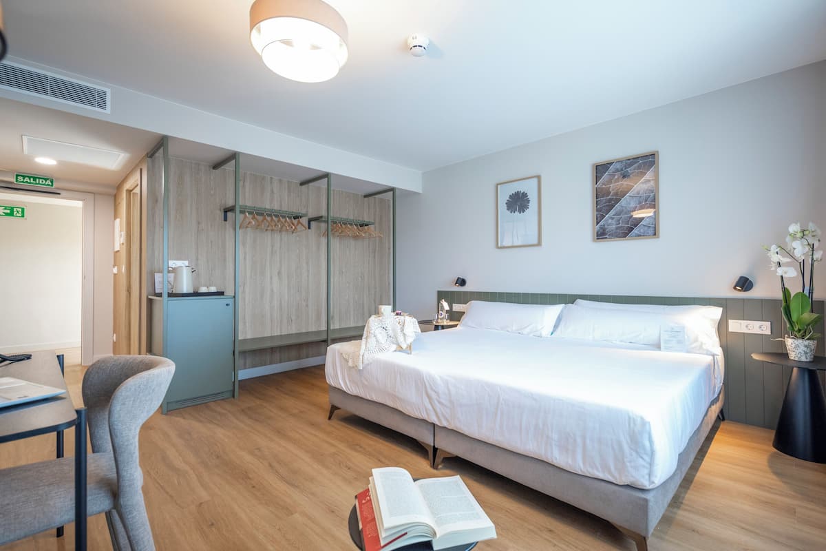 Habitación de hotel con cama, mesita de noche, silla, escritorio y espejo.
