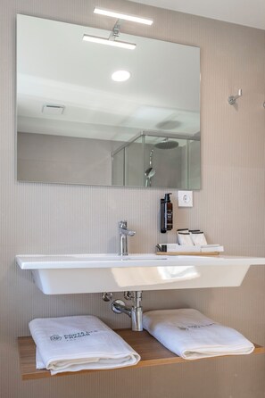 Habitación individual | Baño | Ducha, artículos de higiene personal gratuitos y secador de pelo