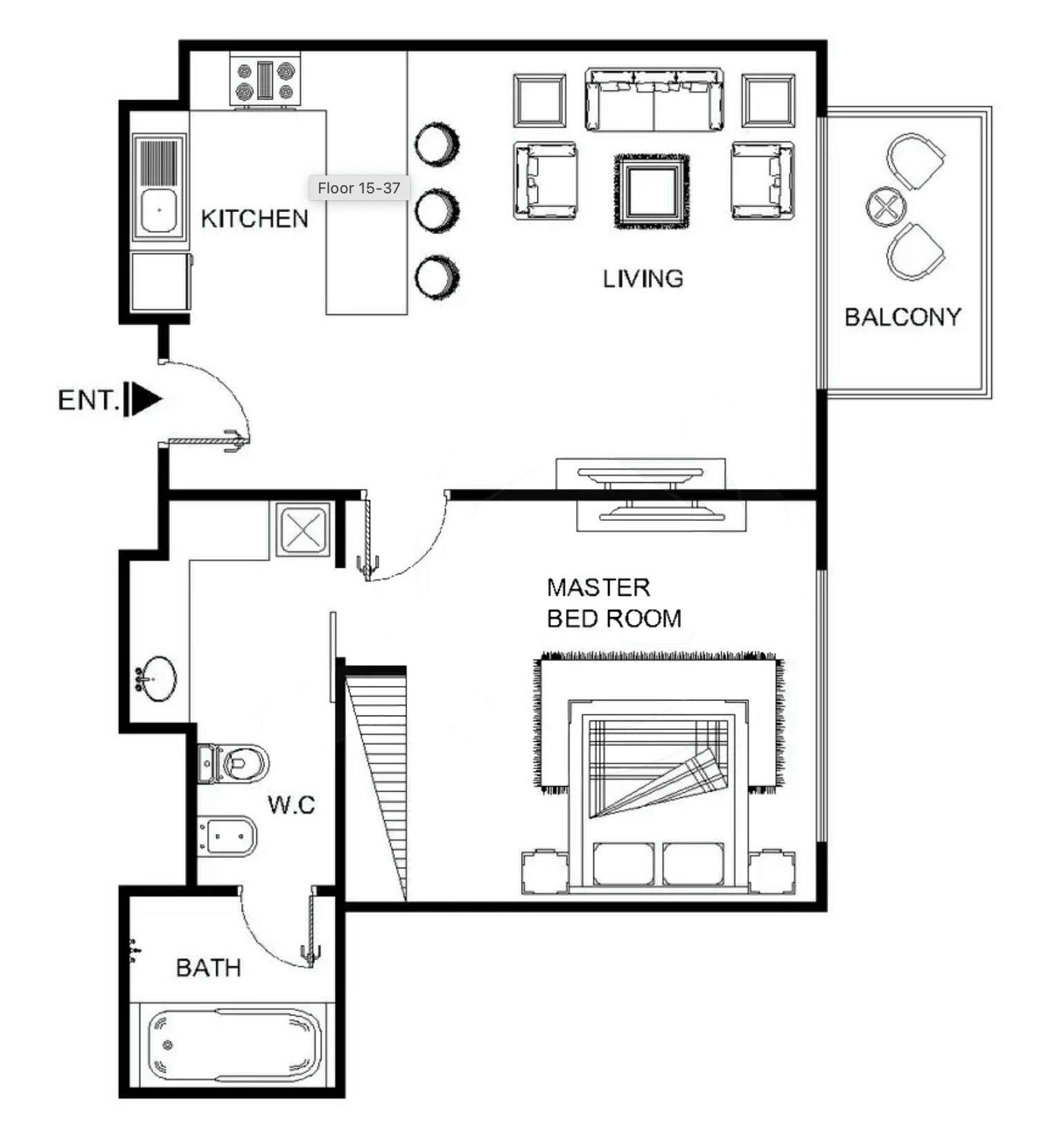 Plano de planta de una casa con cocina, sala de estar, balcón, dormitorio principal, baño y un aseo.