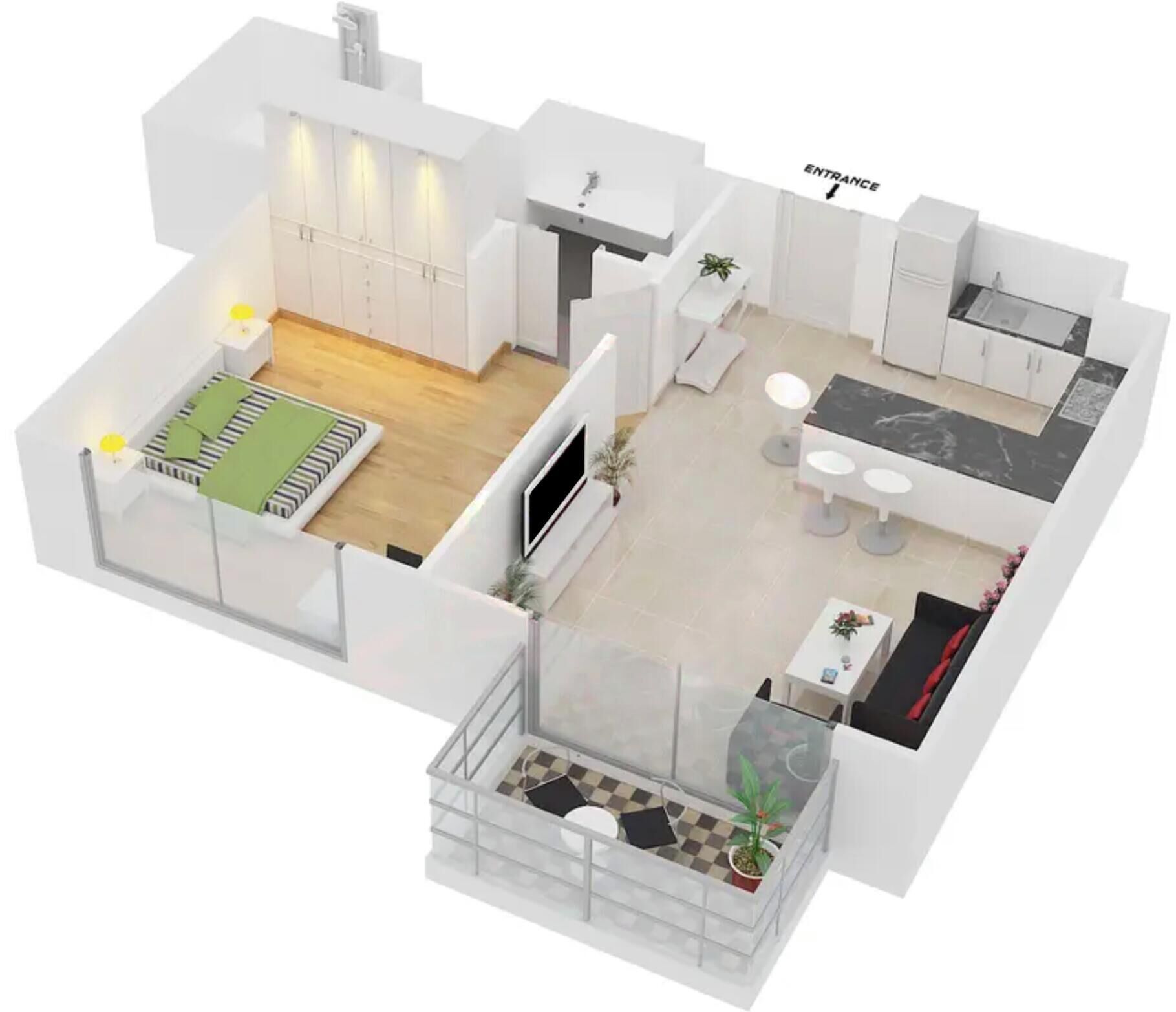Un appartement moderne comprenant un espace de vie, une cuisine, un coin repas et un balcon.
