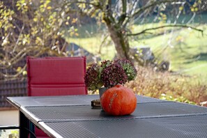 Ein Tisch mit Metallplatte, ein roter Stuhl, ein kleiner Topfpflanze und ein Kürbis.
