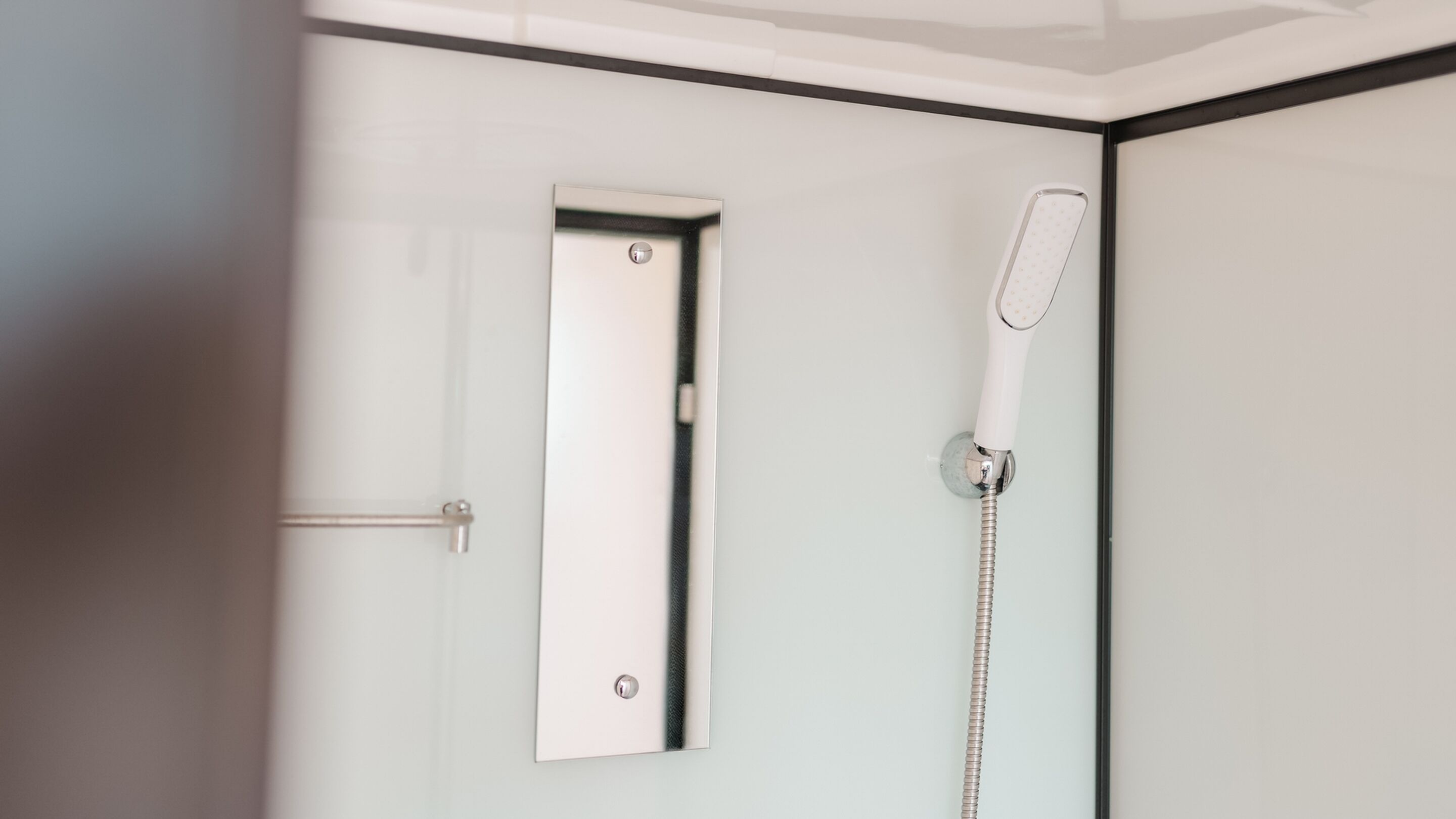 A modern bathroom with a glass shower enclosure, a handheld showerhead, and a door with a handle.