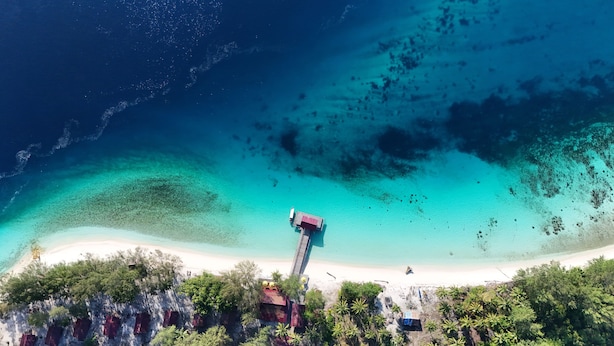 An aerial view of a beach with clear turquoise waters, a pier extending into the sea, and a sandy shore with vegetation. - ANDAU DIVE RESORT - RAJA AMPAT (Miosandau Kecil Island)