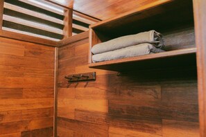 Shower, towels, soap, shampoo