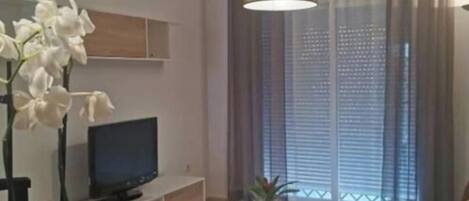 Un salon avec un téléviseur, une table basse et une plante.