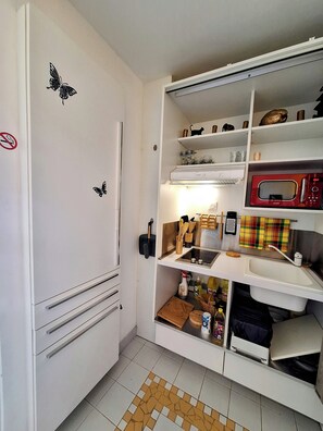 Fridge, microwave, coffee/tea maker, electric kettle