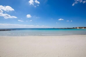Ein Strand mit blauem Himmel und ruhigem Wasser.