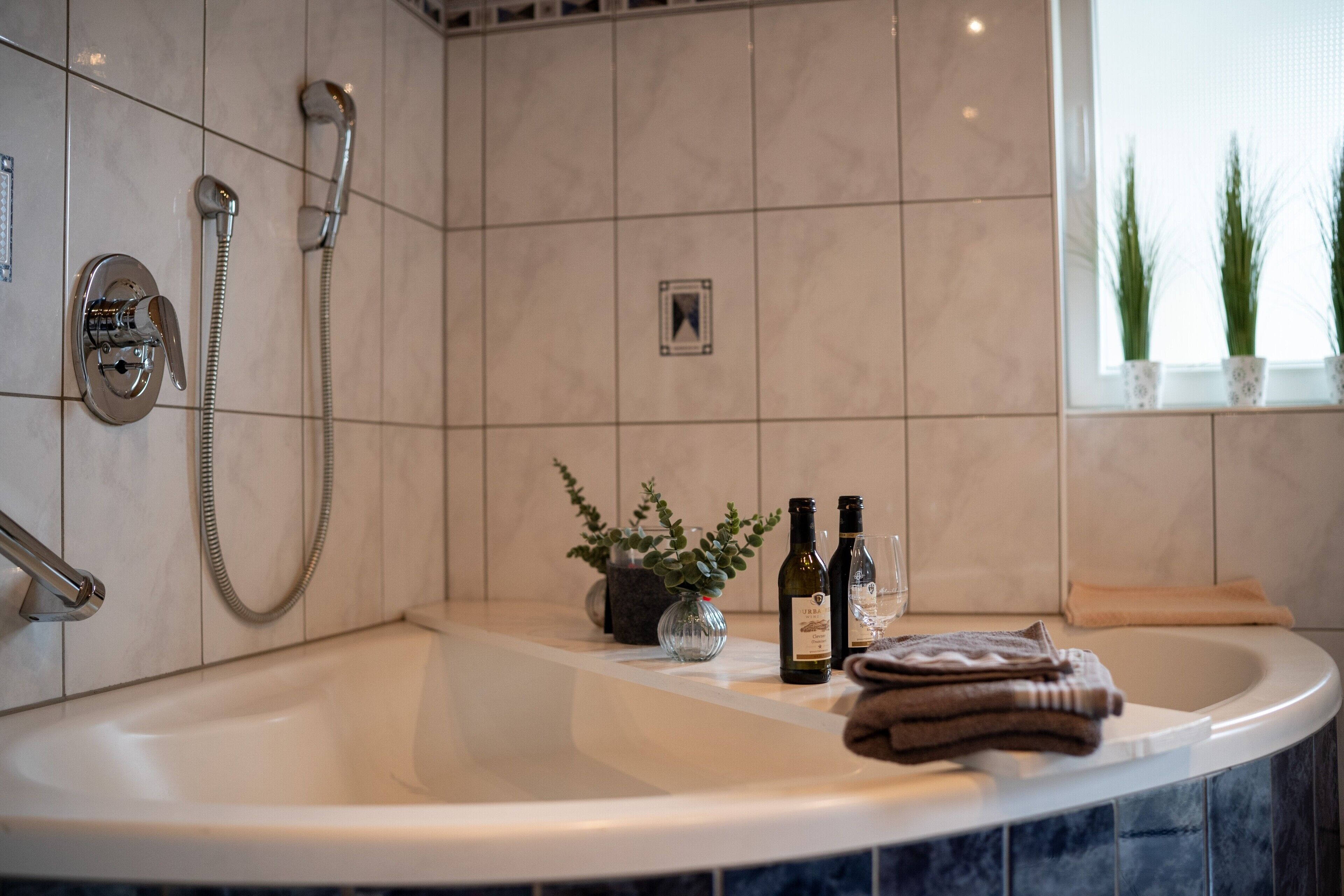 Un baño con bañera, ducha, una planta en maceta y dos botellas de alcohol.
