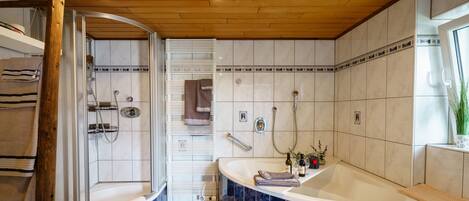 Shower, free toiletries, hair dryer, towels
