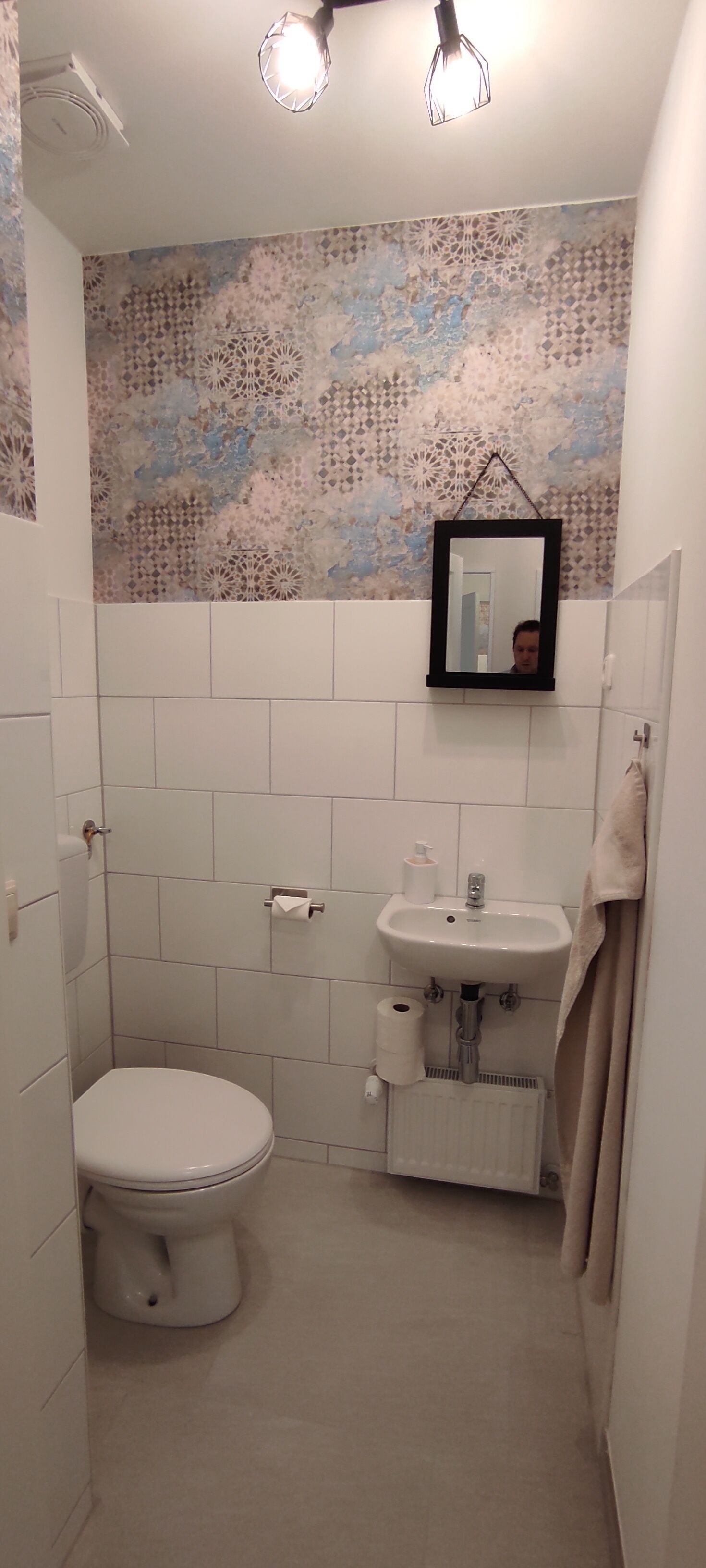 Pieni kylpyhuone, jossa on wc, pesuallas ja peili.