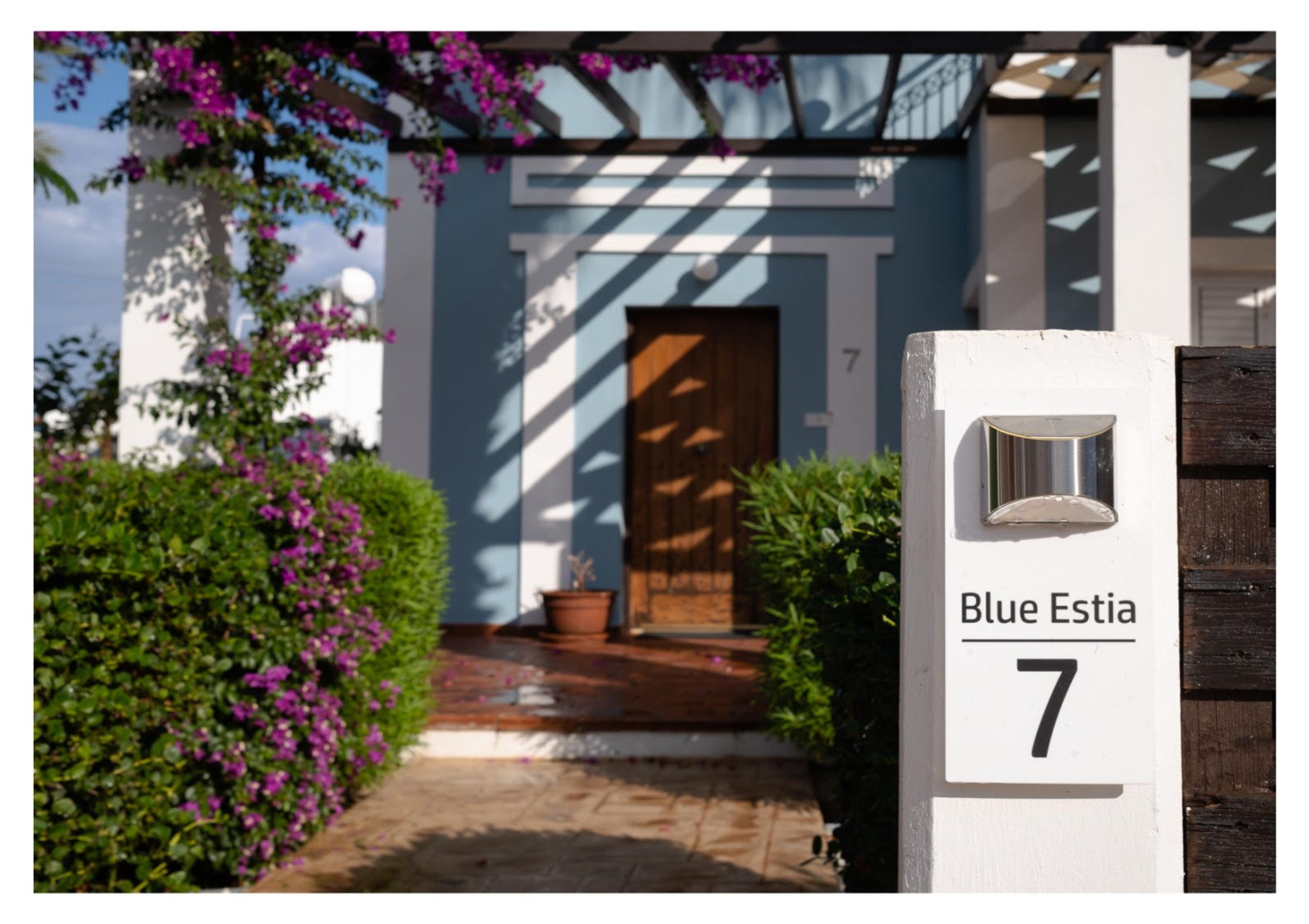 A house entrance with a wooden door, a potted plant, and a mailbox.