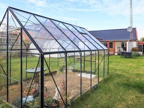 A greenhouse structure with a transparent roof, surrounded by a grassy yard and a house with a red roof in the background. - 6 Person Holiday Home in Gedser (Gedser)