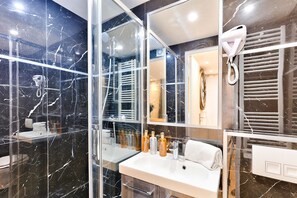 Shower, hair dryer, towels