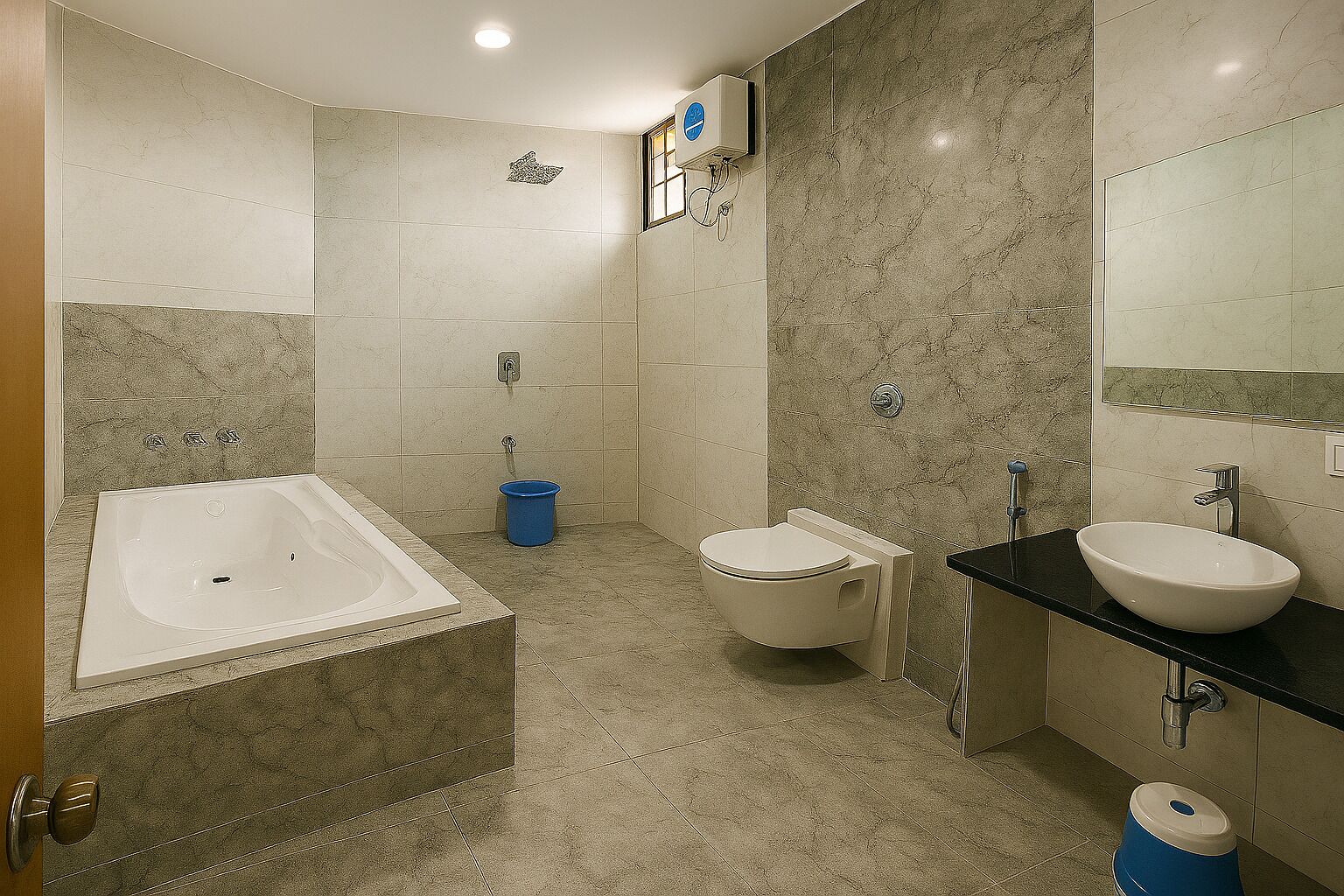 Ein modernes Badezimmer mit Badewanne, Toilette und Waschbecken, ausgestattet mit Marmorfliesen und einem Spiegel.