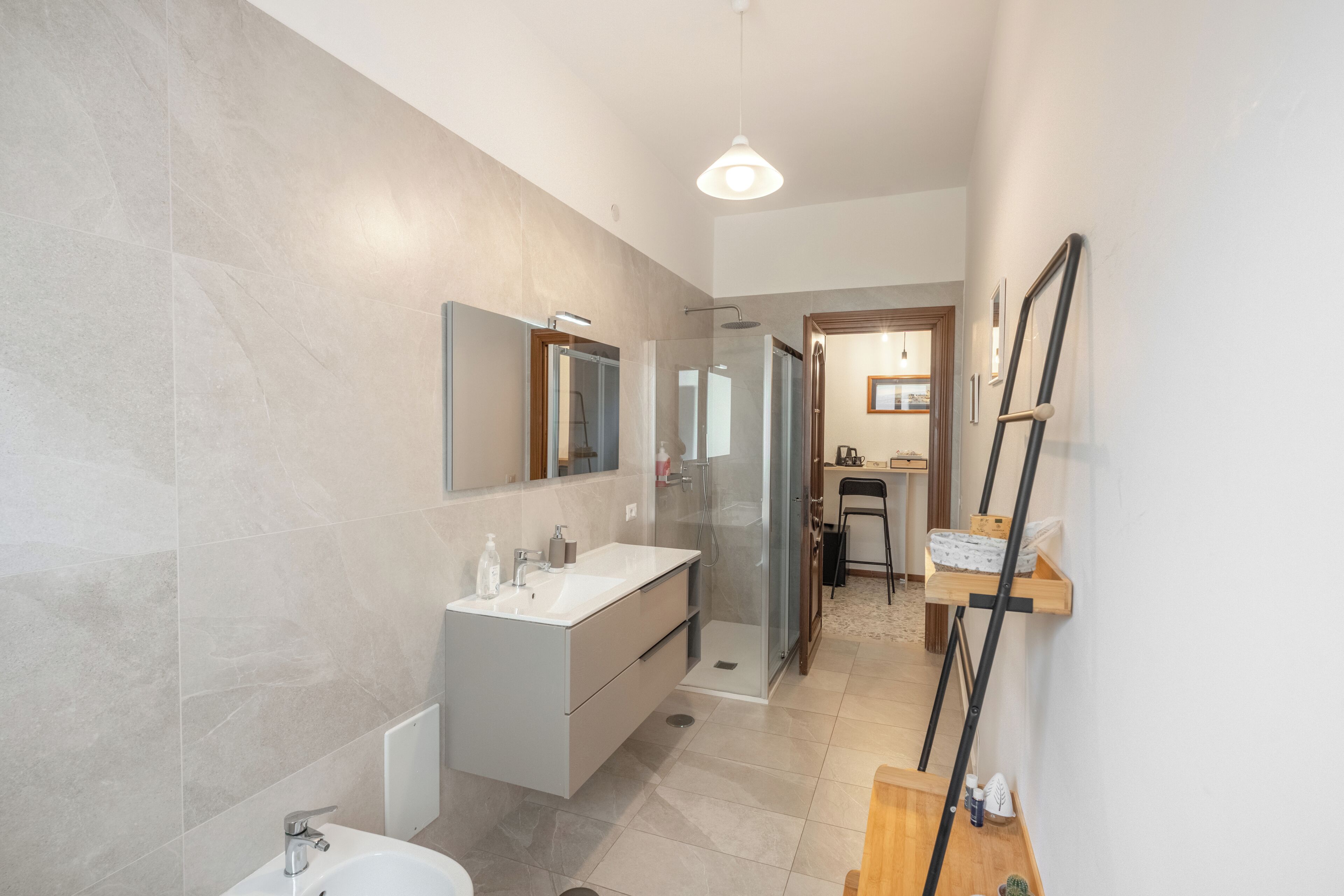 Shower, hair dryer, bidet, towels