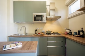 A compact kitchen with a built-in microwave, a gas stove, and a sink. - Scena Illustrata-Redi 51-un to 10 people (Florence)