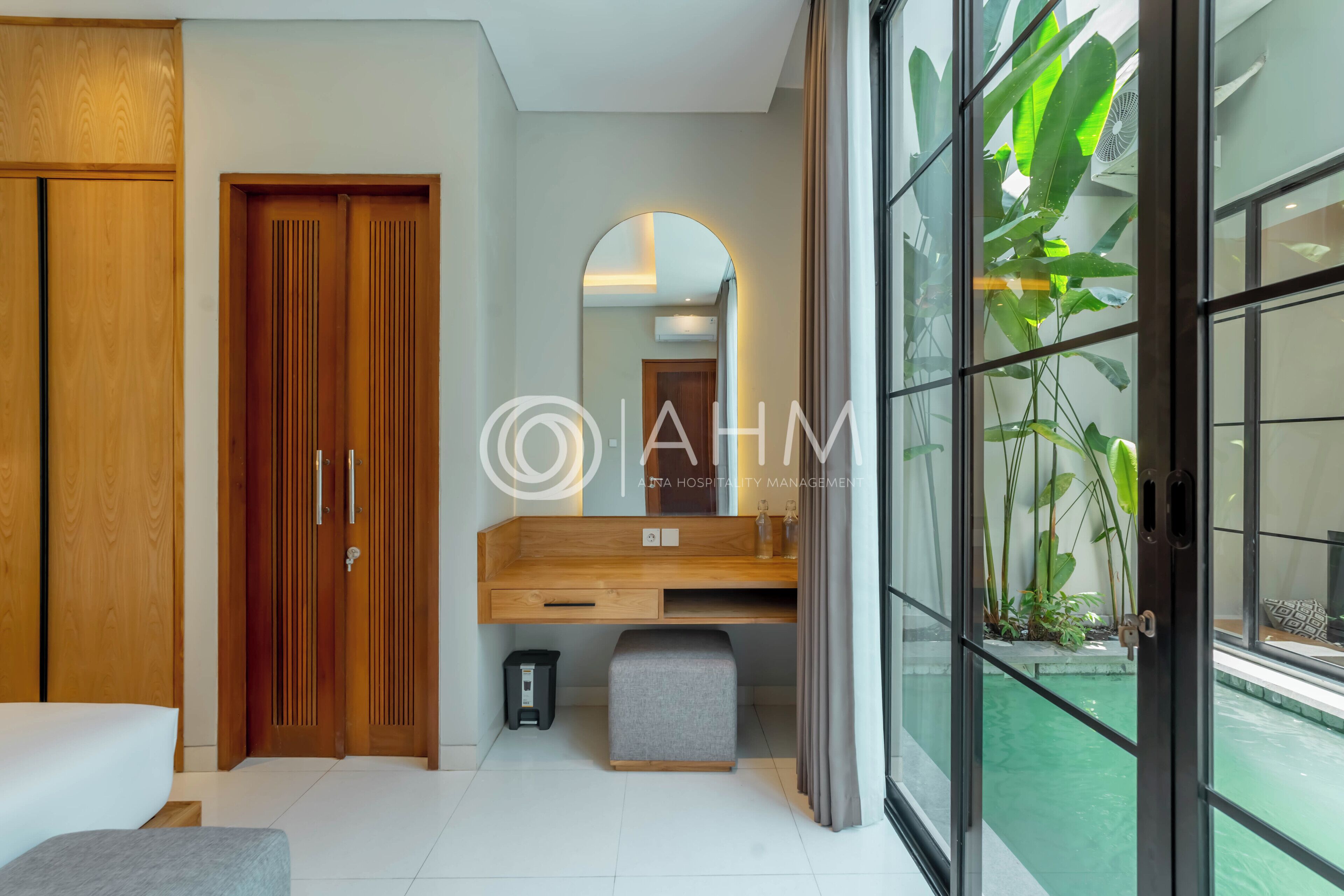 Premium bedding, desk, laptop workspace, iron/ironing board