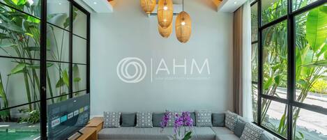 Luxury Villa, 2 Bedrooms, Private Pool | Living area | 55-inch Smart TV with digital channels, Netflix, streaming services