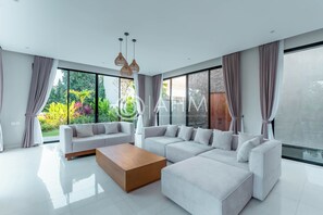 Luxury Villa, 4 Bedrooms, Private Pool | Living room | 55-inch Smart TV with digital channels, Netflix, streaming services