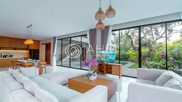 Luxury Villa, 4 Bedrooms, Private Pool | Living room | 55-inch Smart TV with digital channels, Netflix, streaming services