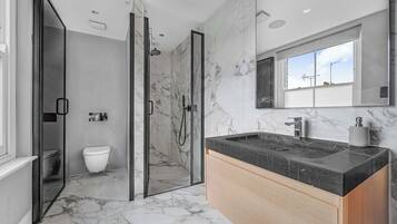 Shower, hair dryer, shampoo