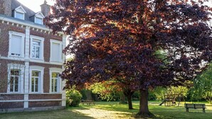 A brick building with white-framed windows, a grassy lawn, a tree with red leaves, and a playground with a swing set.