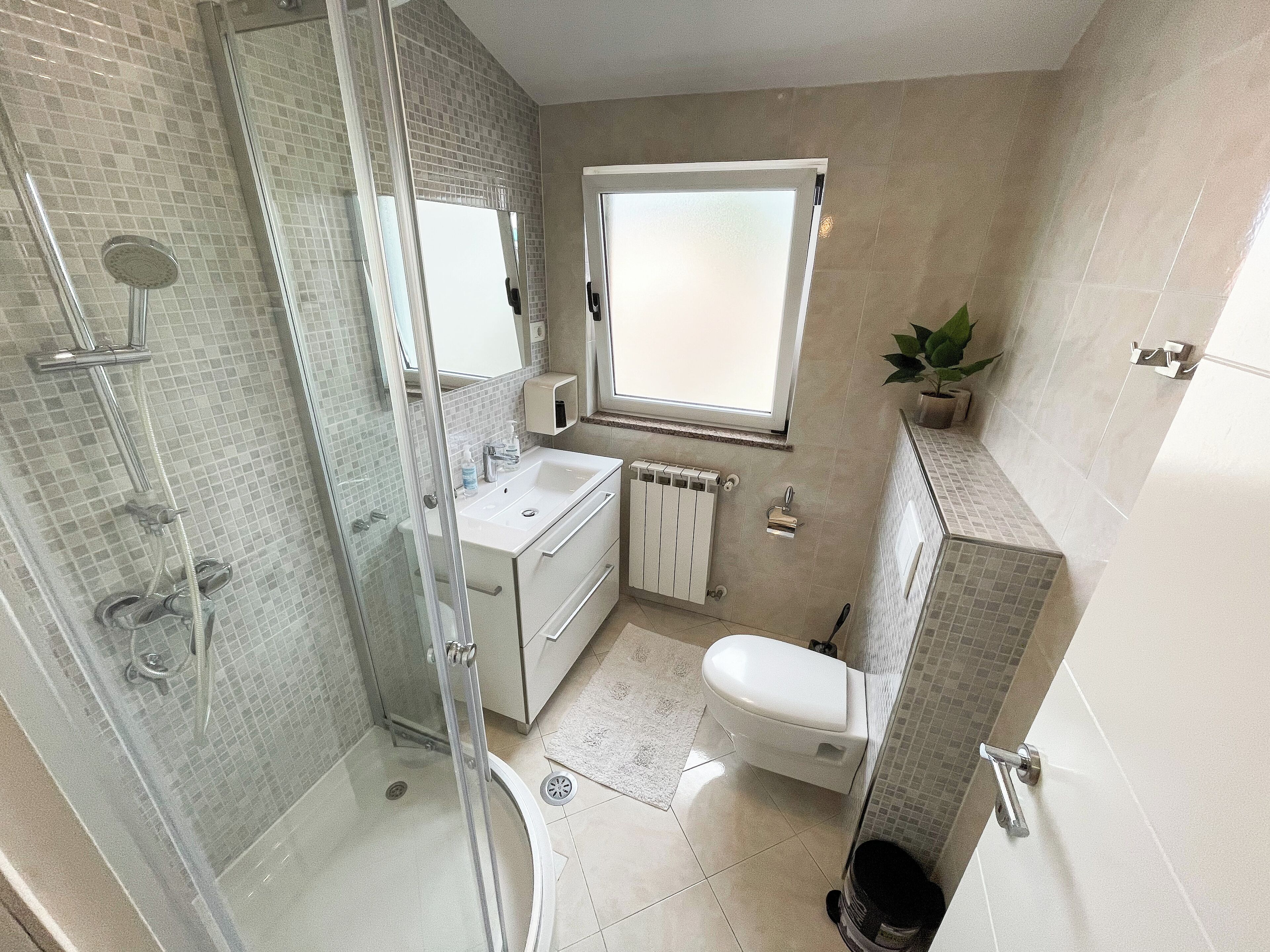 A bathroom with a glass-enclosed shower, a sink with a mirror, a toilet, and a window.