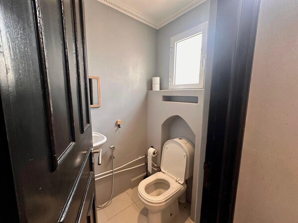 Hair dryer, towels, soap, toilet paper