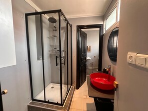 Hair dryer, towels, soap, toilet paper