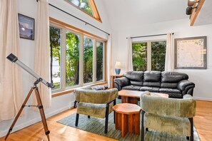 Smart TV, fireplace, books, offices