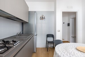 Fridge, stovetop, coffee/tea maker, toaster