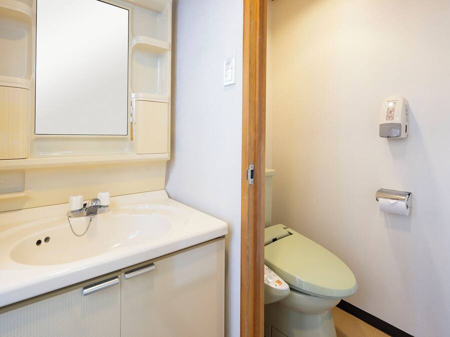 Un baño con un lavabo blanco, un espejo, un inodoro y un dispensador de toallas de papel.