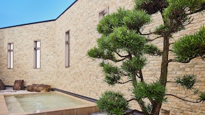 A building with a stone facade, a small pool, and a bonsai tree.