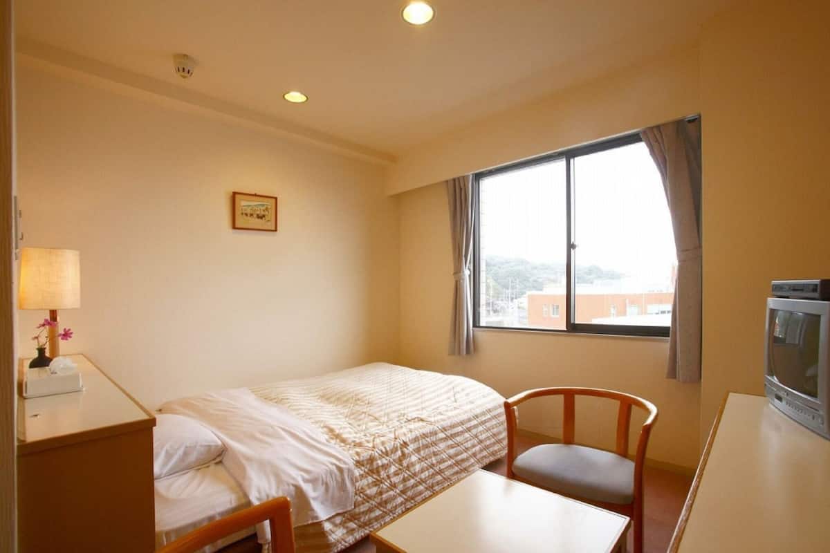 A small hotel room with a single bed, a desk, a chair, a television, and a window with a view of buildings.