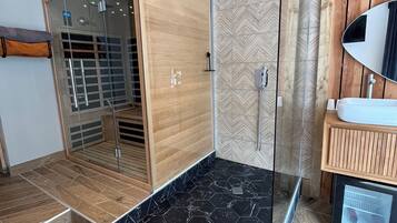 Shower, hair dryer, towels, soap