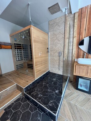 Shower, hair dryer, towels, soap