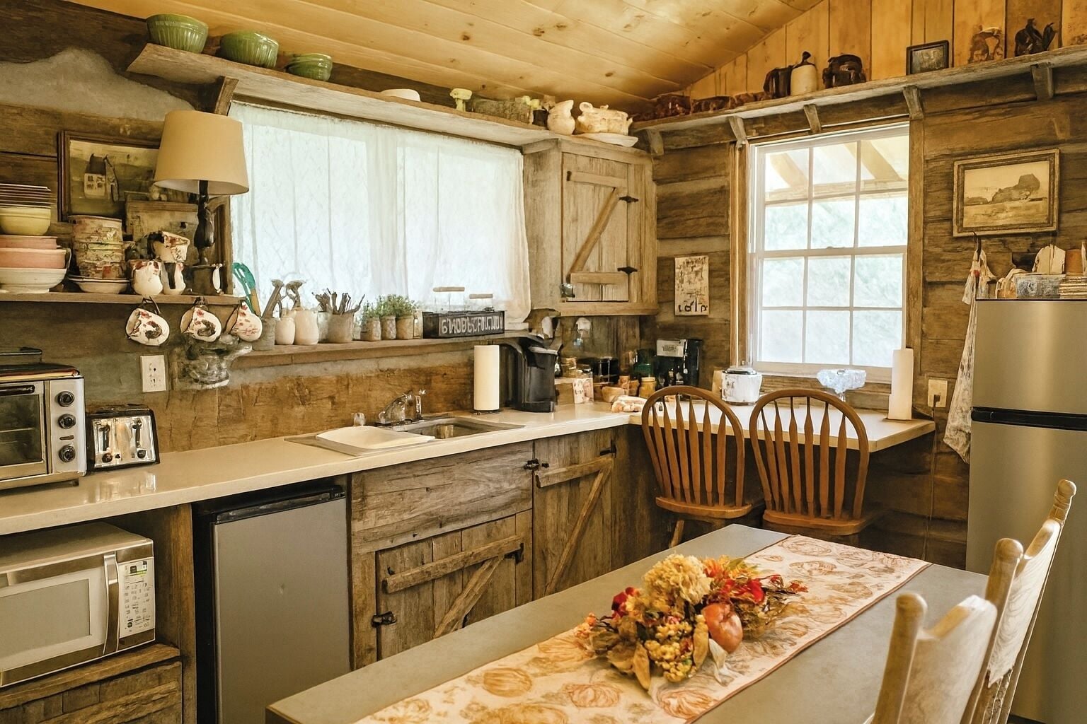 Fridge, microwave, coffee/tea maker, cookware/dishes/utensils