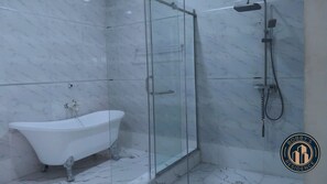 Hair dryer, towels, soap, toilet paper