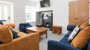 A living room with a fireplace, sofas, and a television.