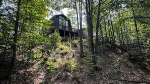 Eine Holzhütte im Wald mit einer Holzterrasse und einer Treppe, die zu ihr hinaufführt.