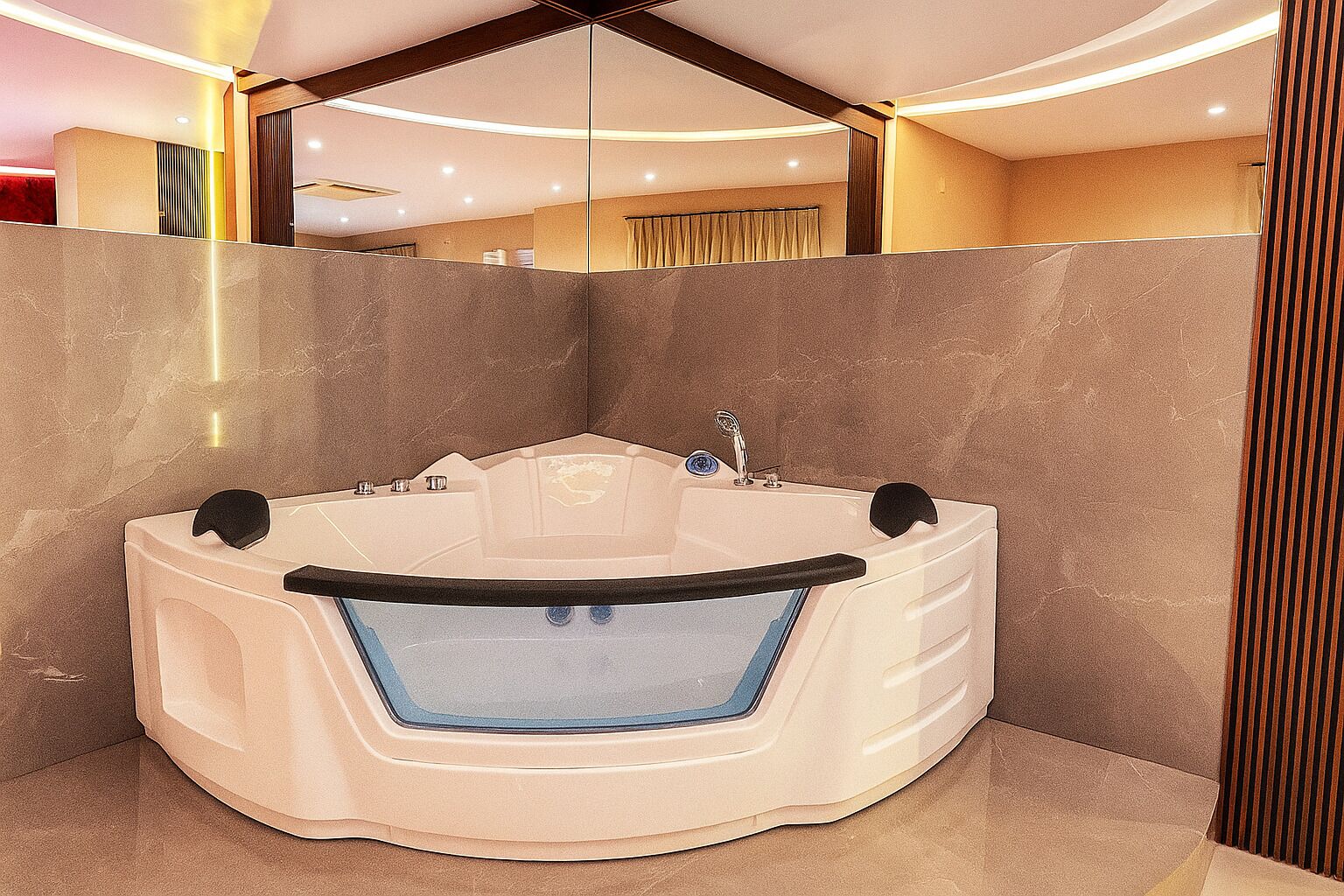 A modern bathroom with a freestanding bathtub, a mirror, and a vanity with a sink.