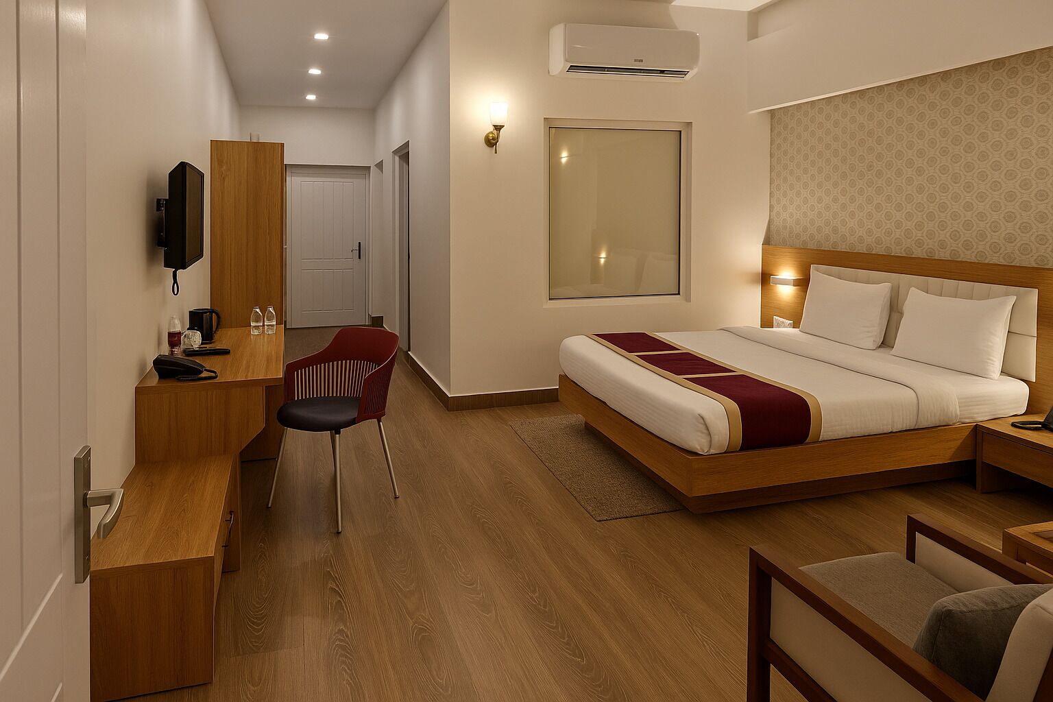 Une chambre d’hôtel avec un lit en bois, un bureau, une chaise, une télévision et un grand miroir.