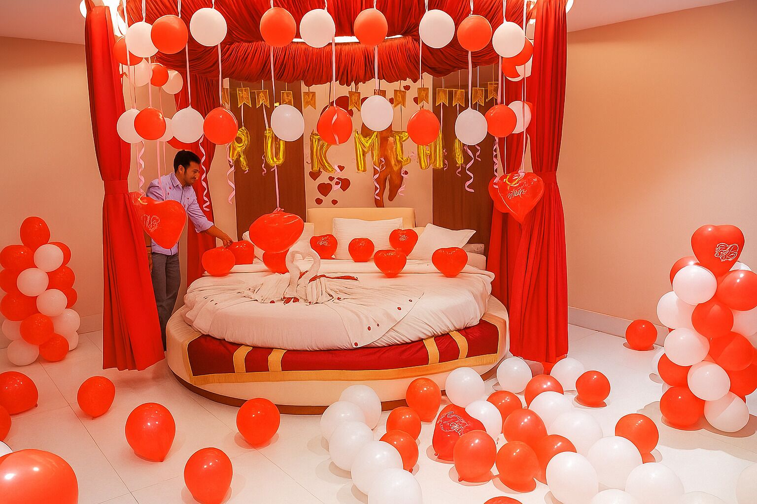 A room with a large bed, red and white balloons, and heart-shaped decorations.