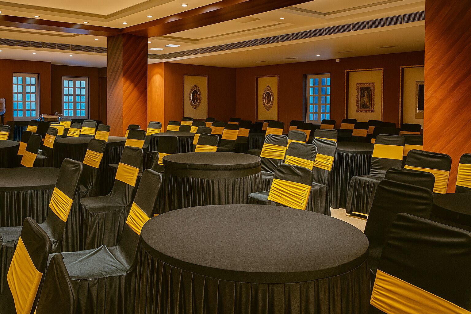 A conference room with rows of round tables and chairs, each with black and yellow sashes.