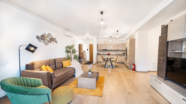 A modern living room with a sofa, armchair, coffee table, and a flat-screen TV. - Garden side Emma accommodation in Monarh Tower (Timișoara)